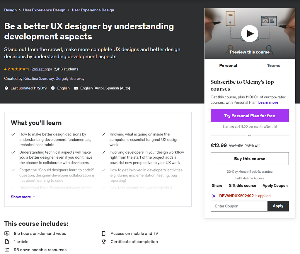 Be a better designer by understanding development aspects course on Udemy