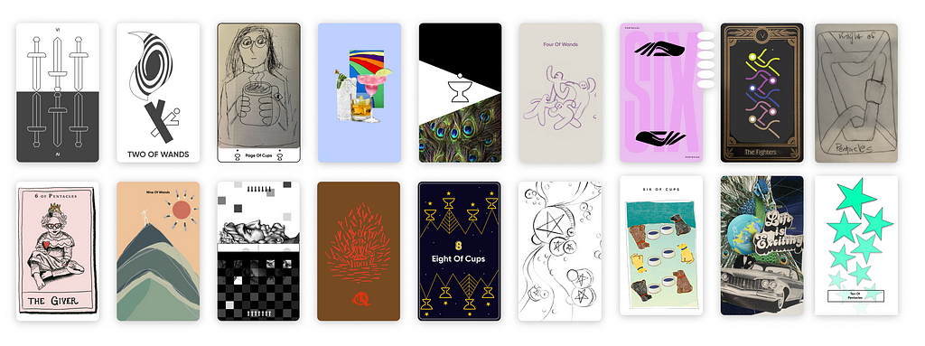 A variety of styles of tarot cards completed by Craft designers, researchers and engagement leads.