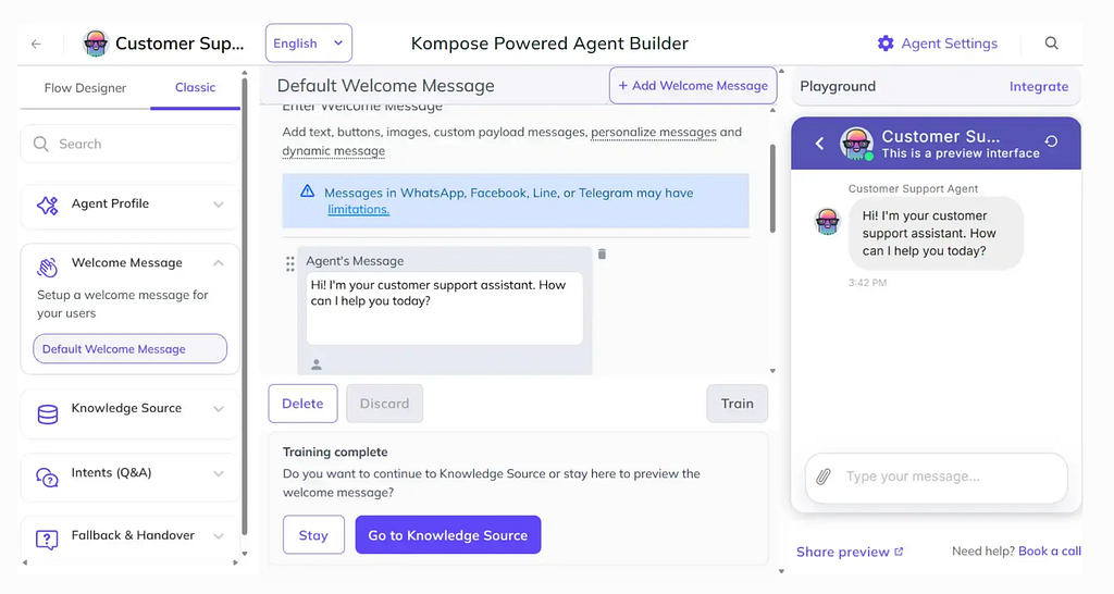 Configure welcome message in Kompose