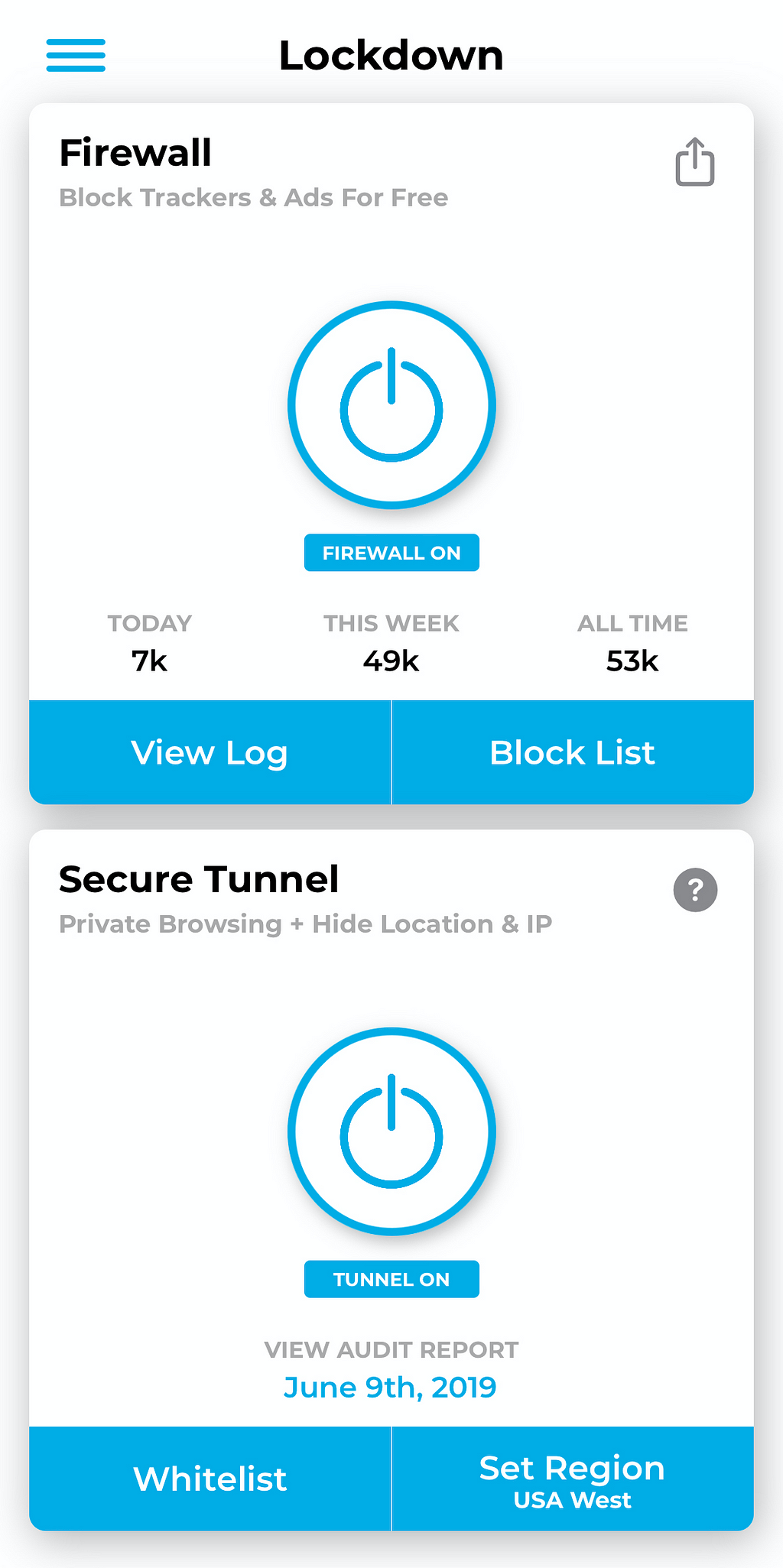 A screenshot of Lockdown on iPhone. It has a firewall and a secure tunnel feature.