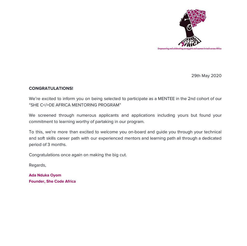 My congratulatory letter from SheCodeAfrica