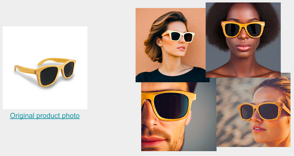 An image showing a standard sunglass product photo on the left, with a white background. On the right, a series of four AI-generated photographic-like images show four different people wearing the same pair of sunglasses.