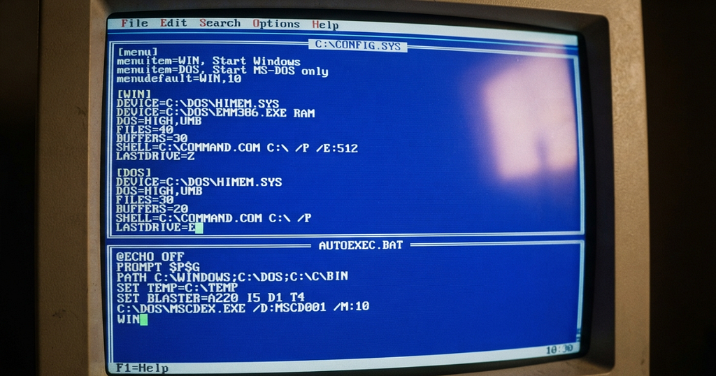 A photograph of a CRT monitor showing the blue MS-DOS editor with CONFIG.SYS and AUTOEXEC.BAT open side by side, listing boot menu entries for starting Windows or MS-DOS only, memory drivers and PATH settings.