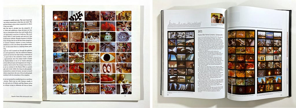 Spreads from Connections: ‘The work of Charles and Ray Eames’, and ‘Eames Design’