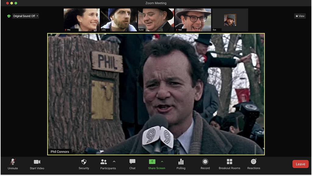 Groundhog day movie cast on a zoom call