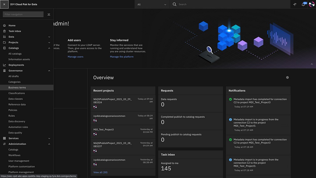 screenshot of the Cloud Pak for Data dashboard with a navigation menu open to the left with “Business Terms” under the “Governance” section highlighted