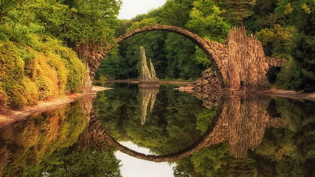 Stone bridge reflected in the water as a full circle