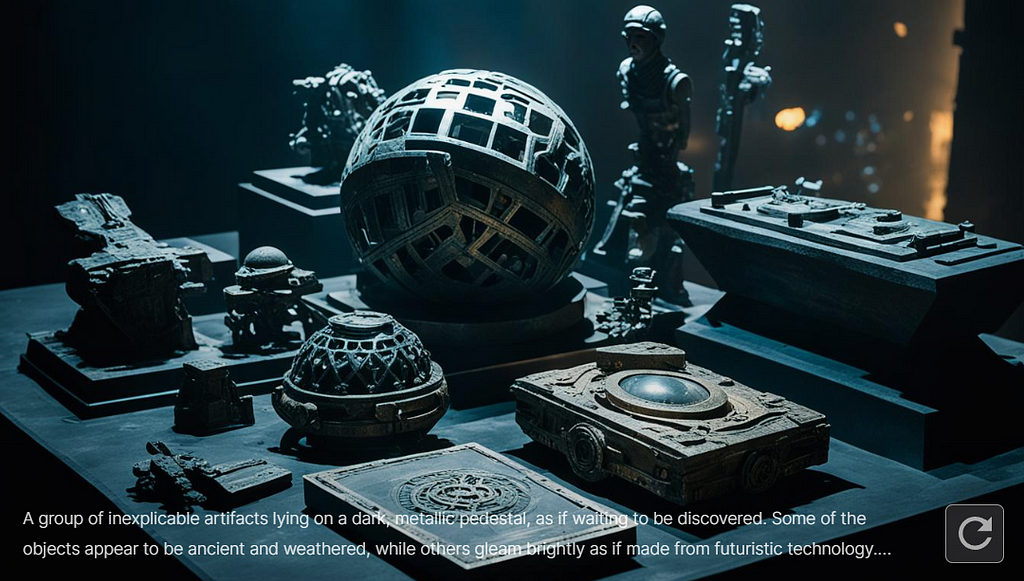 A group of inexplicable artifacts lying on a dark, metallic pedestal, as if waiting to be discovered. Some of the objects appear to be ancient and weathered, while others gleam brightly as if made from futuristic technology. The surrounding area is shrouded in darkness and shadow, hinting at the mystery of the artifacts’ origins and purpose. The only source of illumination comes from a faint beam of light that seems to emanate from the objects themselves, casting an eerie glow across the scene.