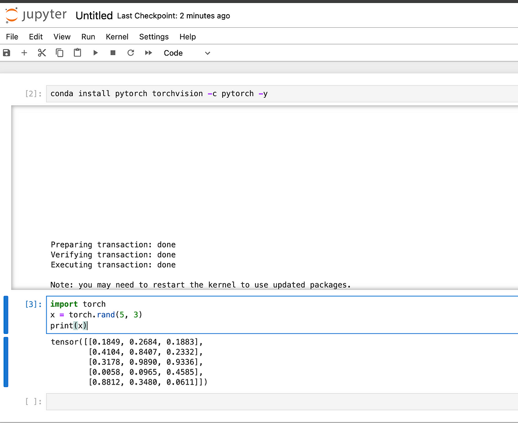 Jupyter Notebook successfully installing and running pytorch on a simple example