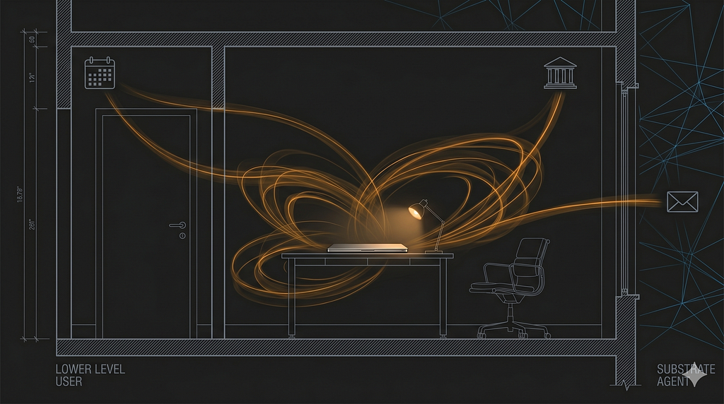 Architectural cross-section of a darkened apartment at night. A laptop sits on a desk, lit by a single warm lamp. Amber light-traces flow from a calendar, an email icon, and a bank icon into the device — agent activity continuing while the user is away. Cool gray drafting lines define the room; a faint cyan network mesh reaches into the frame from the right.