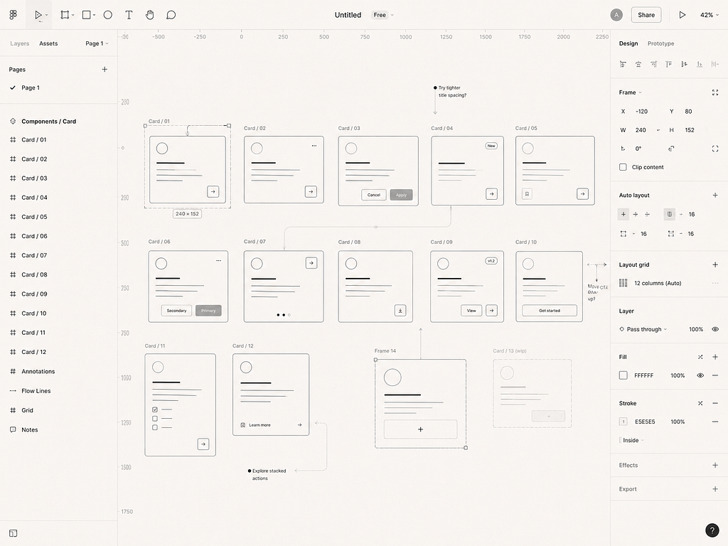 A minimalist Figma-like canvas showing duplicated card UI components with small variations, annotations, and wireframe panels in a clean monochrome style.
