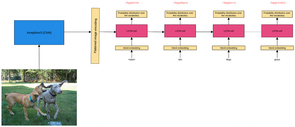 A diagram of the end-to-end neural caption generator, showing the CNN encoder and the LSTM decoder