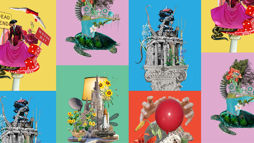 Decorative collage or persona cards, bright colours