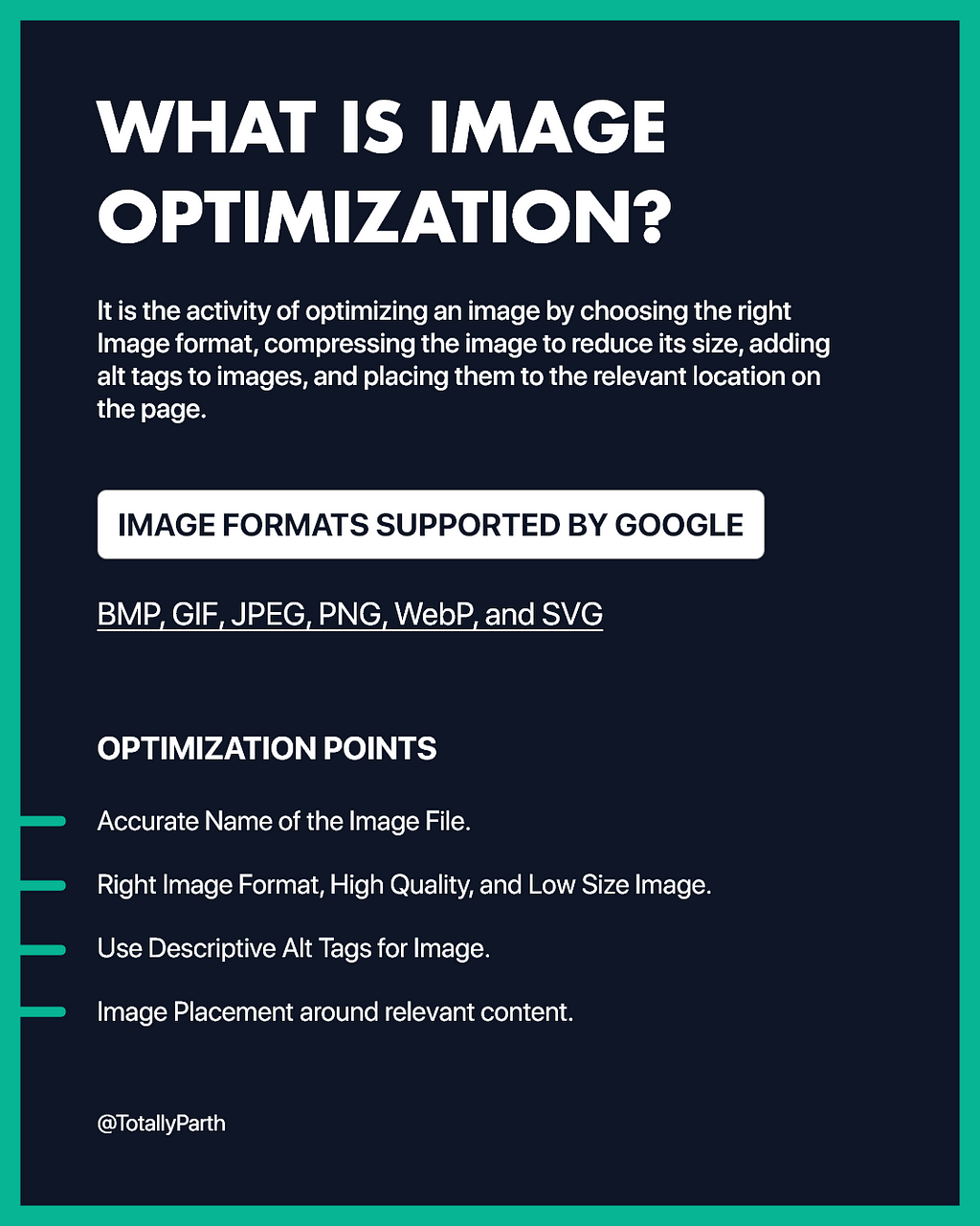 Cheat Sheet showing Image Optimization Definition, Image Format Example and points to optimize.