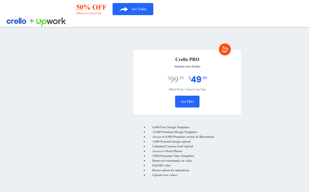 Crello + Upwork 50% Off Discount Promo Code Deal