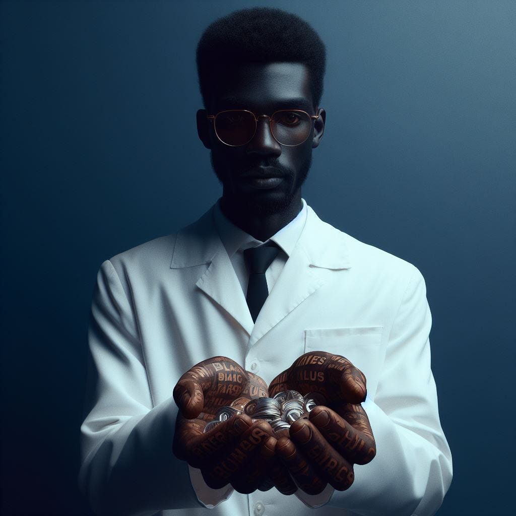 Homem negro de jaleco branco com as mãos estendidas segurando bolinhas de vidro.