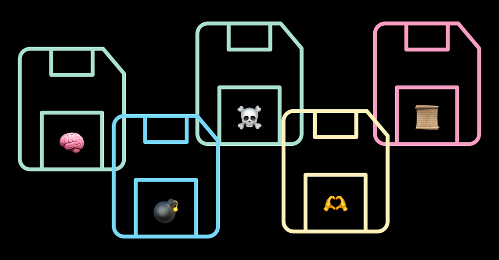 Five floppy disks with five emojis: the brain, the bomb, the skull, the heart hands, and a scroll