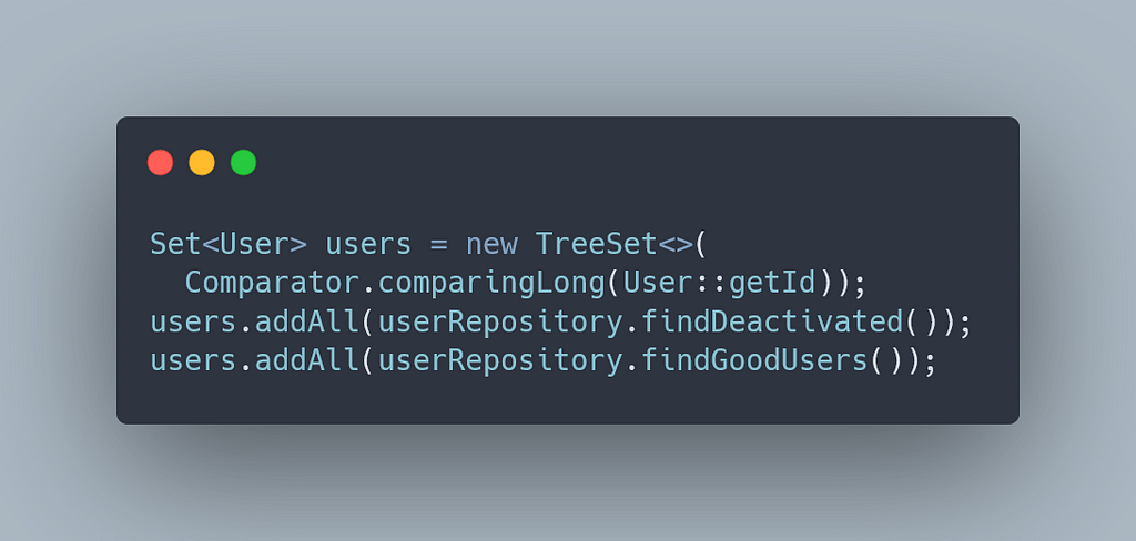 An object called “users” is instantiated with the class “TreeSet” and the Comparator’s method “comparingLong” as the provided constructor parameter. Two different repositories methods are then called and added to the “users” object.