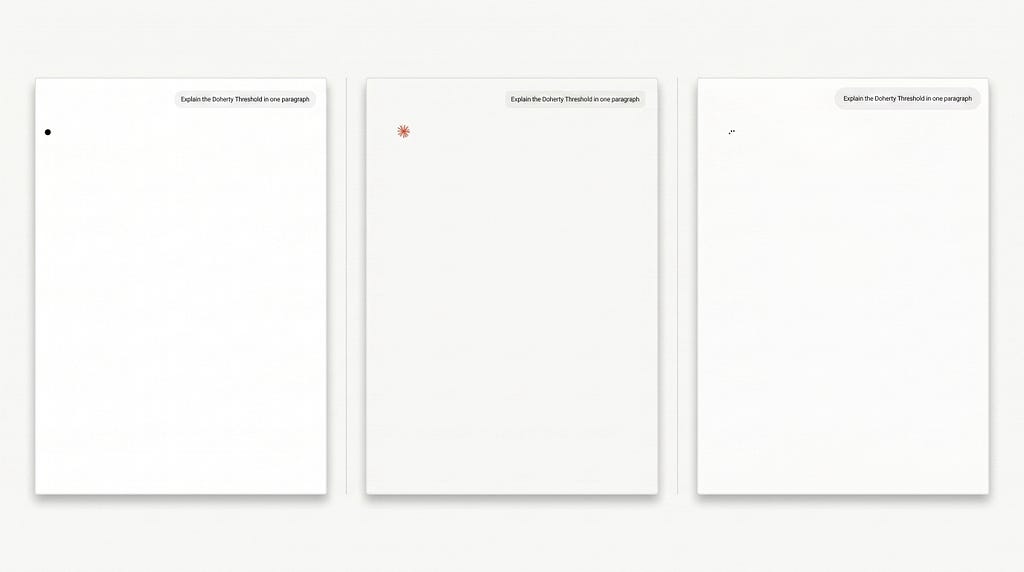 Three browser windows arranged side by side. Each shows the same user prompt “Explain the Doherty Threshold in one paragraph” at the top right. Below each prompt, only a minimal waiting affordance: a small black dot on the left, a small orange asterisk-style spinner in the middle, a tiny three-dot ellipsis on the right. The rest of each window is empty white space. All product names and brand identifiers are cropped out of frame.