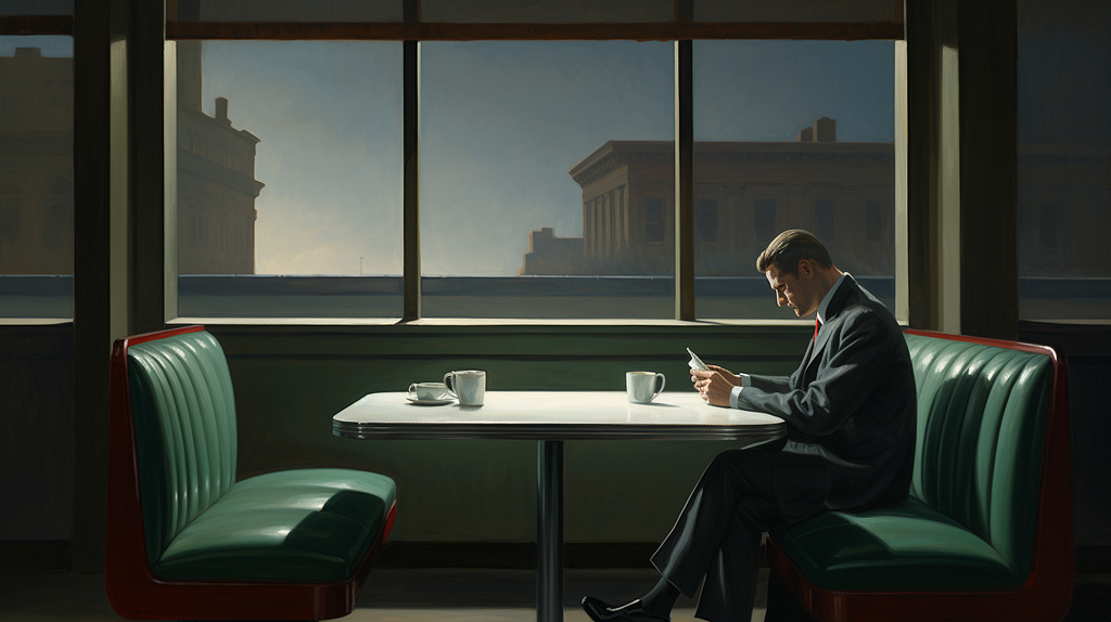 Realistic painting of a man in a suit seated alone in a diner booth, reading a document. In front of him, a coffee cup sits on the table. Large windows offer a view of classical buildings against a clear sky.