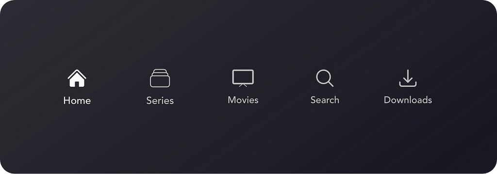 An updated version of the Disney+ main navigation, showing ‘home, movies, series, search and downloads’