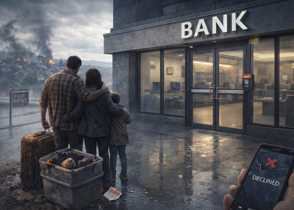 Image of a family of three standing in front of a closed bank. Fires burn in the distance as they carry their remaining posessions. A notification of credit decline flashes across an observer’s phone.