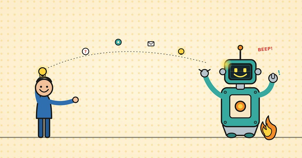 A cartoon of a person on the left pulling a glowing thought from his head and sending a stream of ideas (a question mark, gear, envelope, lightbulb) across to a friendly teal robot on the right, whose screen face has lit up with the same grin. The robot catches the thought with one hand and gives a thumbs-up with the other while a small fire burns unnoticed at its feet.