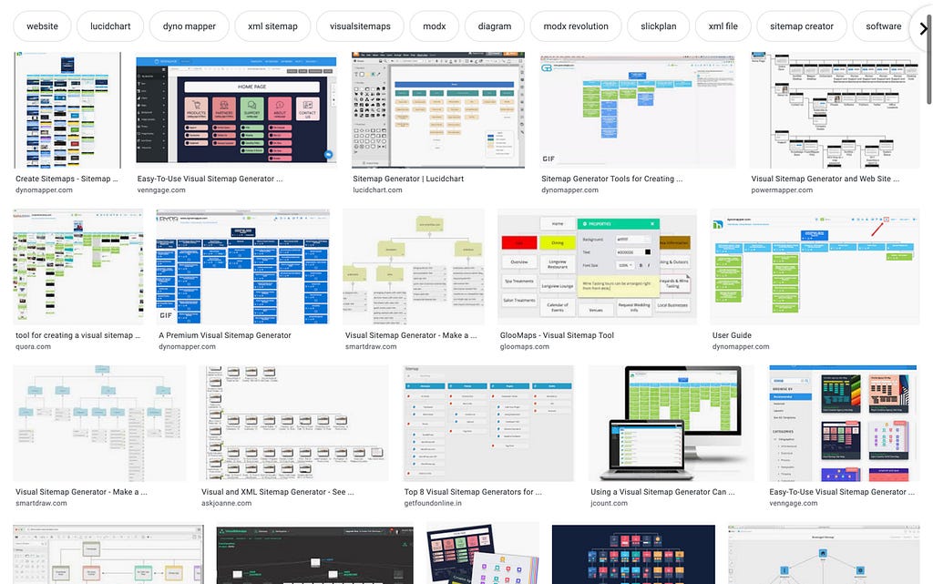 Screenshot of Google image search showing results for visual sitemap generator tools.