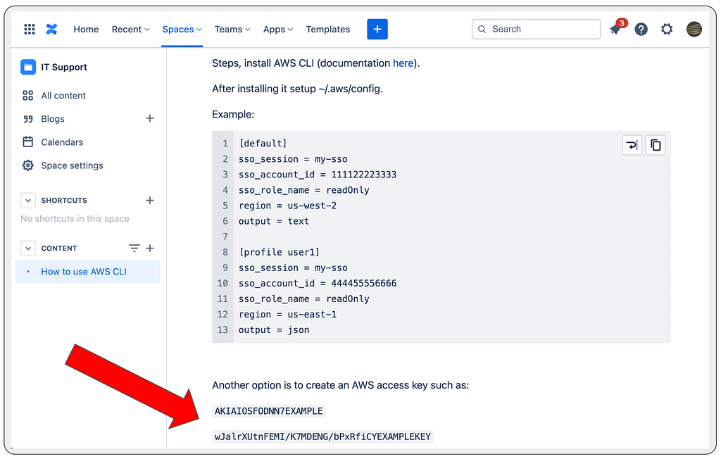 Confluence page with an AWS access key that has been exposed and a red arrow highlighting it