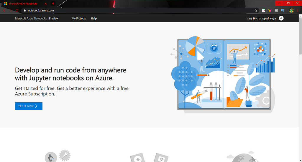 A screen capture of landing page after signing in to Azure Notebooks