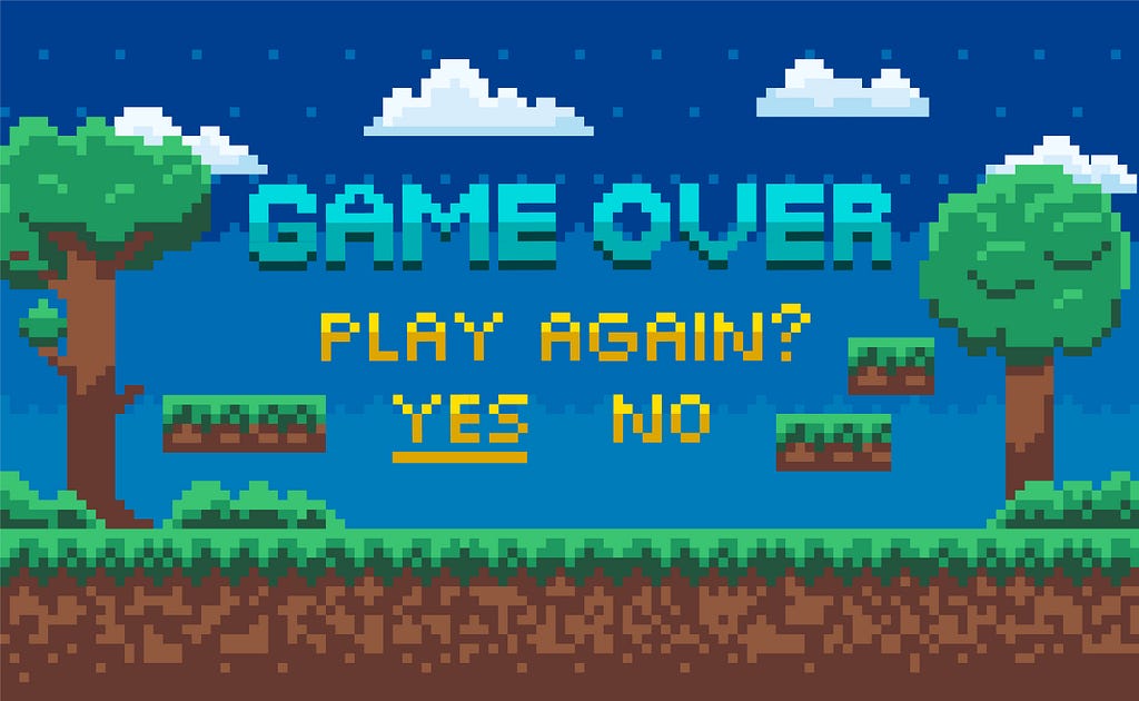 A pixel-rendered forest against a blue sky. Text reads “Game Over: Play Again?” with Yes/No options