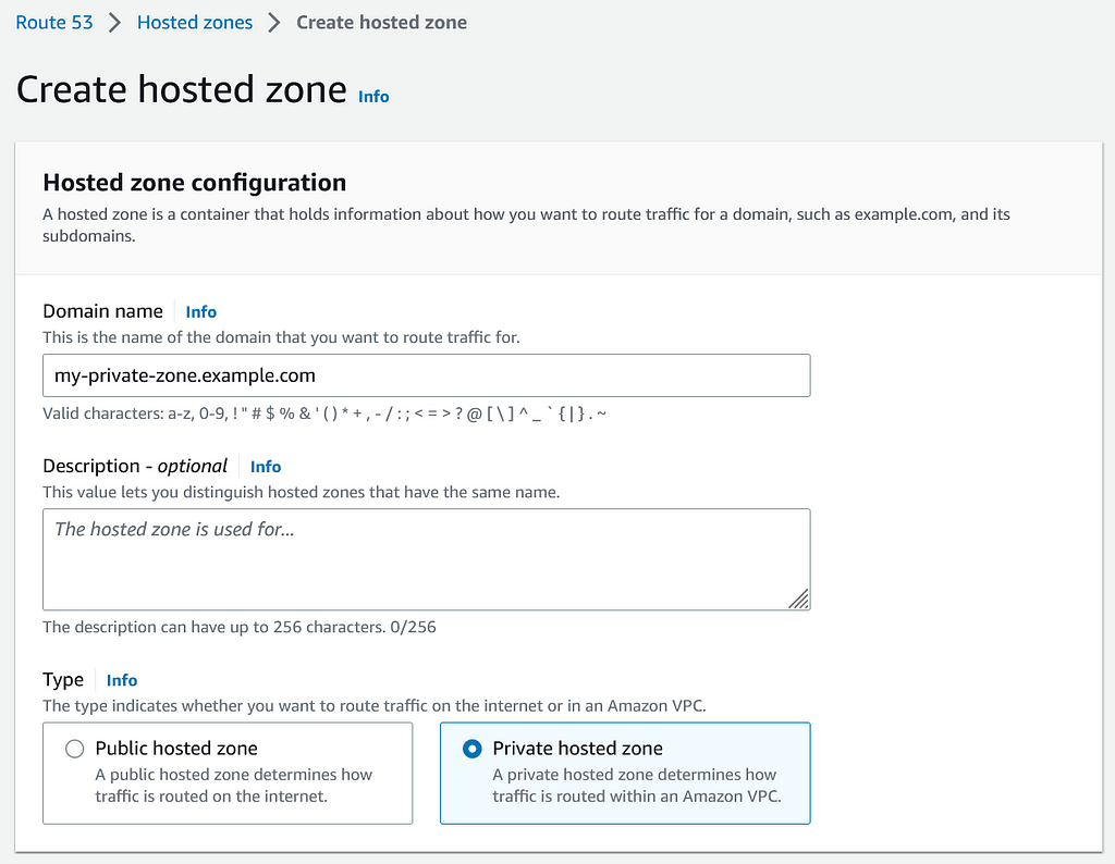 A screenshot of the AWS Route 53 console, creating a new hosted zone with name my-private-zone.example.com and “Private hosted zone” checked