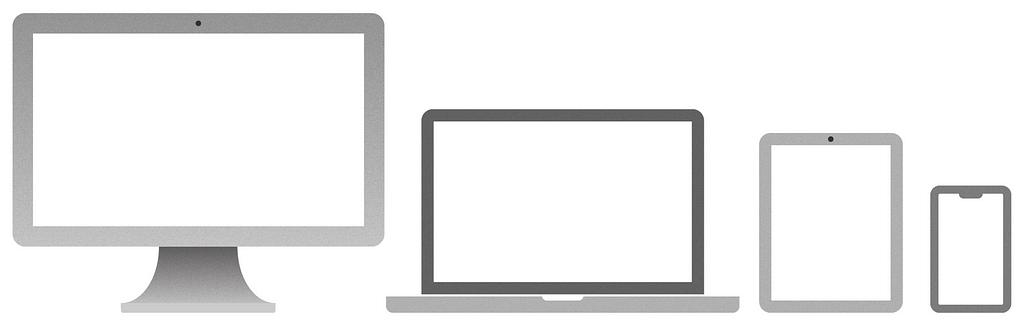 4 modern computing devices spread out evenly, from left-to-right. A desktop PC, a laptop, a tablet, a smart phone.