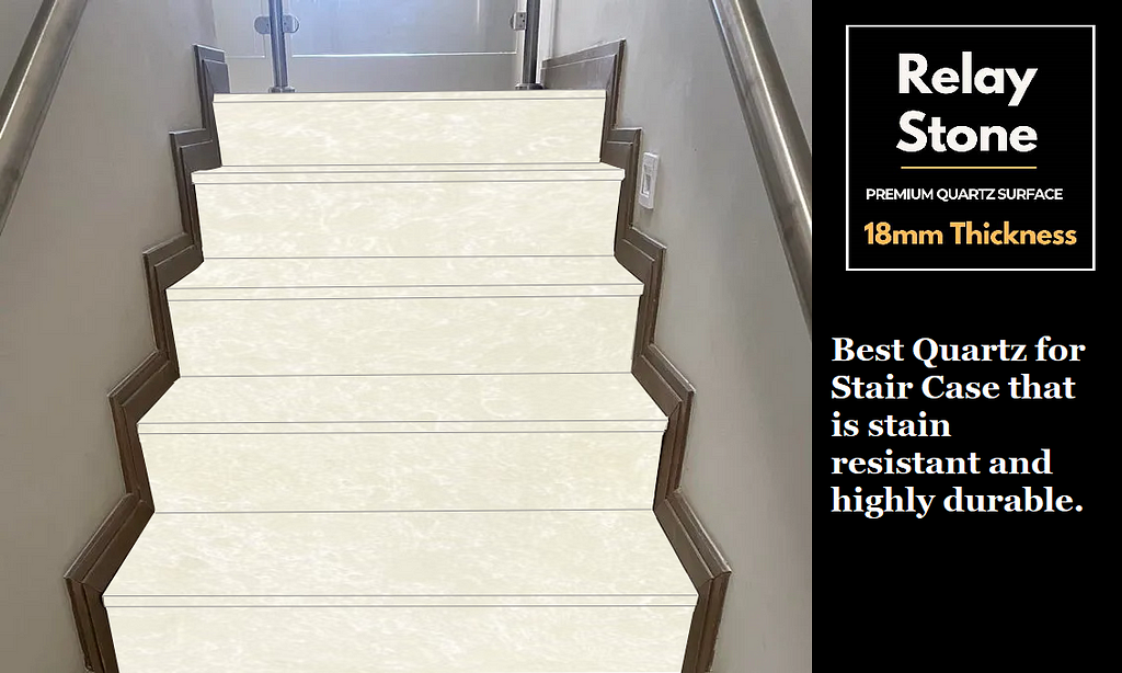 Relay Stone Quartz is popular for stair case. It is ranked as the top 5 best quartz countertops brand in India with 18mm thick quartz surfaces.