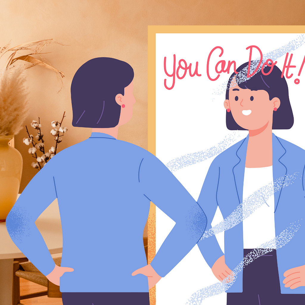 woman looking in mirrow and it says you can do it