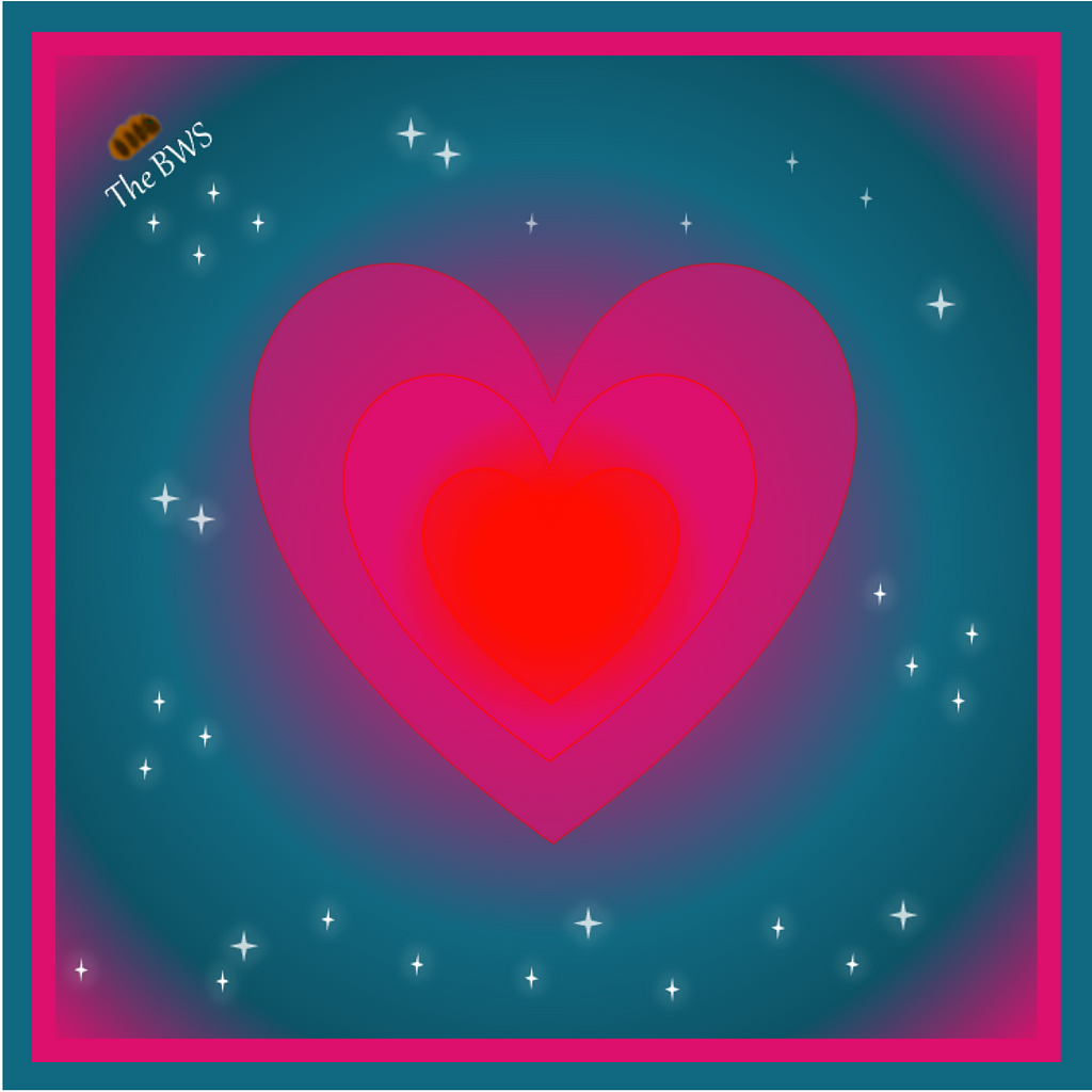 Vibrant, giant red and deep pink three-layered heart set in a starry teal sky