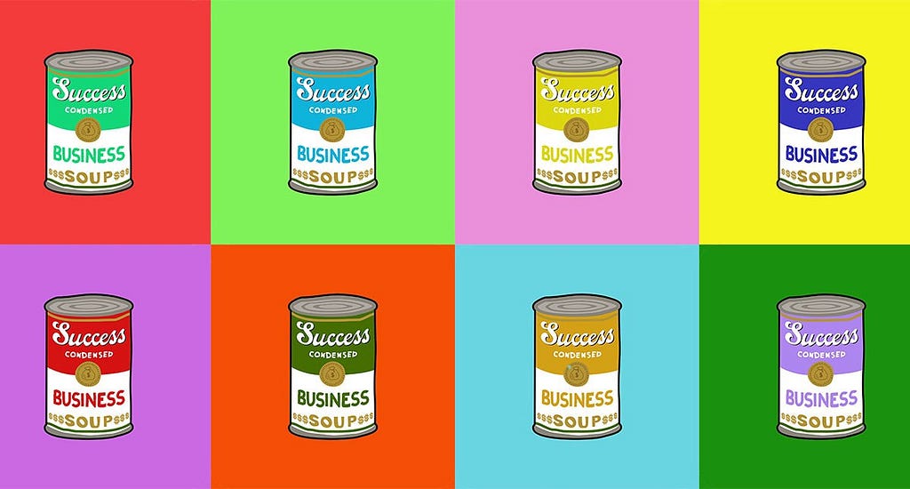 Cans of “Business Success” soup in the pop art style of Andy Warhol