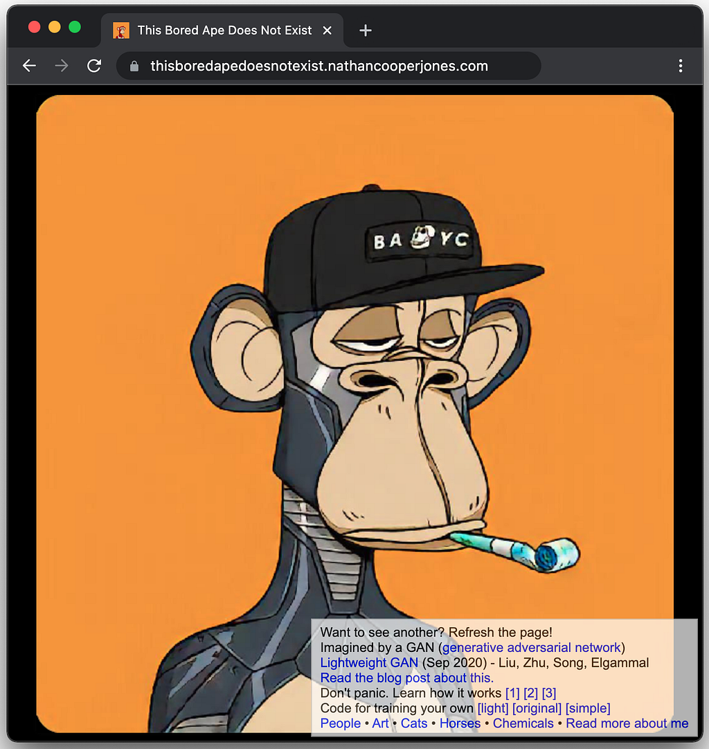 A screenshot of the website https://thisboredapedoesnotexist.nathancooperjones.com, which features an image of a generated ape.