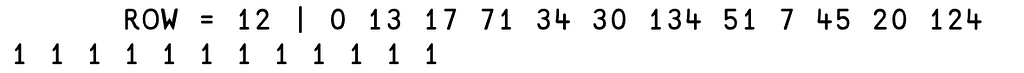 APL code: “ROW = 12 | 0 13 17 71 34 30 134 51 7 45 20 124” returns “1 1 1 1 1 1 1 1 1 1 1 1”