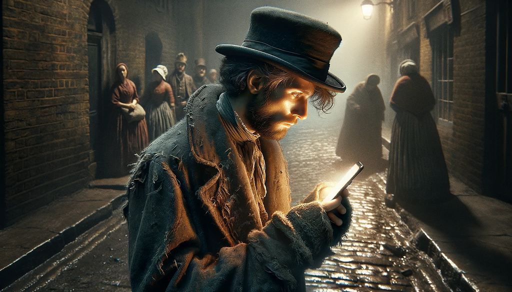 An image of a poor man looking at a smartphone in a Dickensian alley.