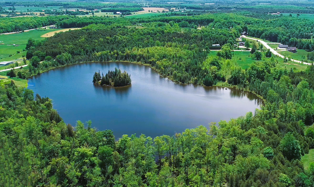 Curleys Lake in Ontario is an estimated 25 acre private lake that is surrounded by 54-acre piece of land with trees and grass in the neighbourhood