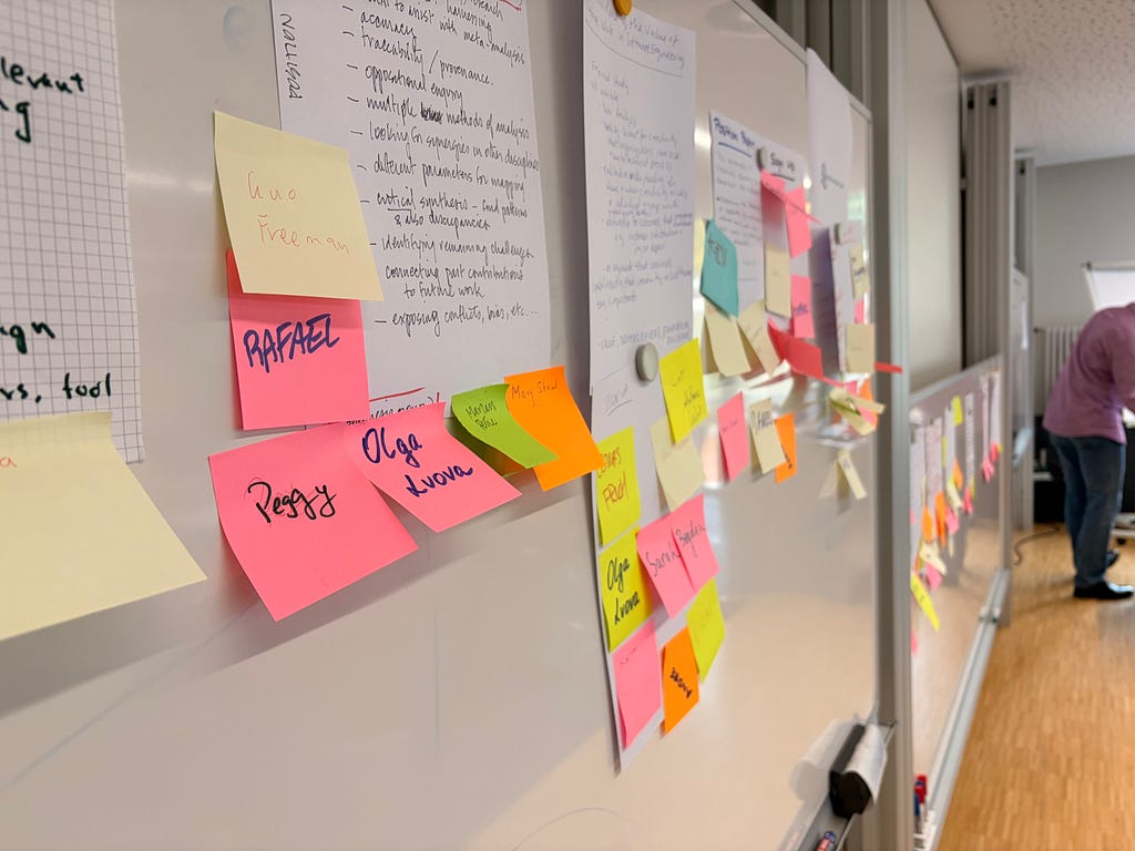A whiteboard with written research designs and many sticky notes with names.