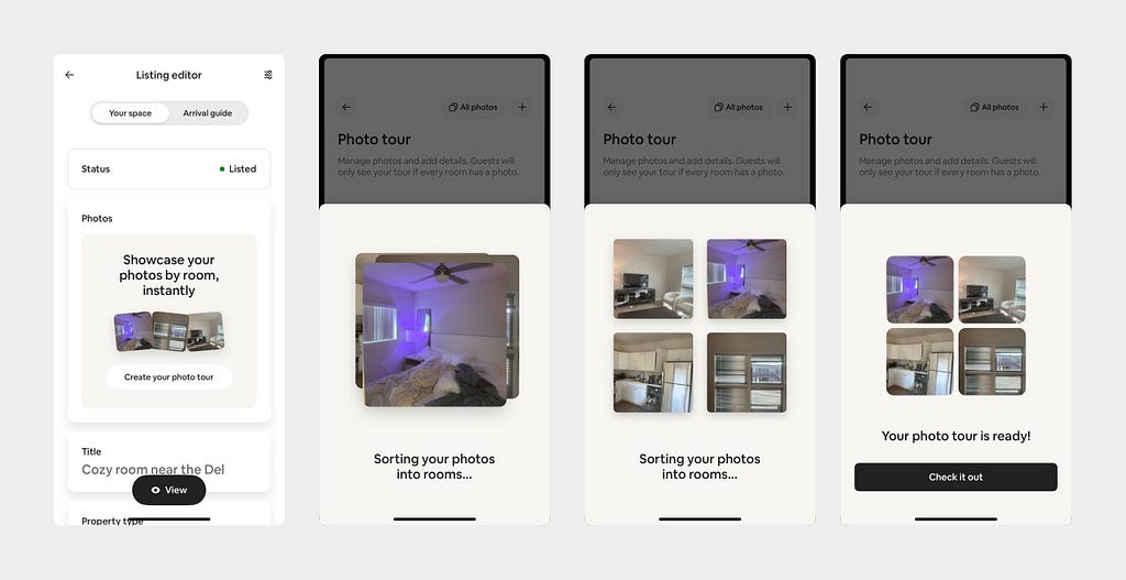 Screenshot sequence showing Airbnb’s new Photo Sorting engine.