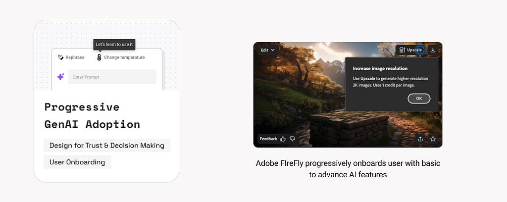 5. Progressive GenAI adoption. Example: Adobe FireFly progressively onboards user with basic to advance AI features