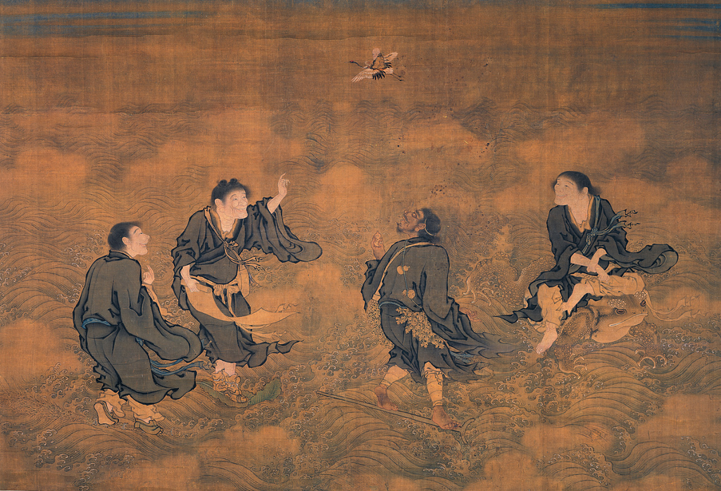 Ancient Chinese paiting of four men sitting in the clouds.