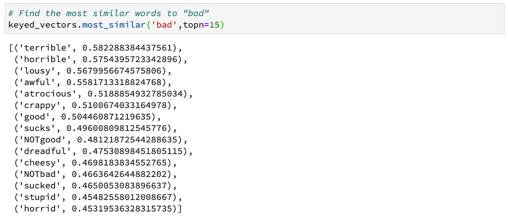 Find the most similar words to “bad” with Word2Vec