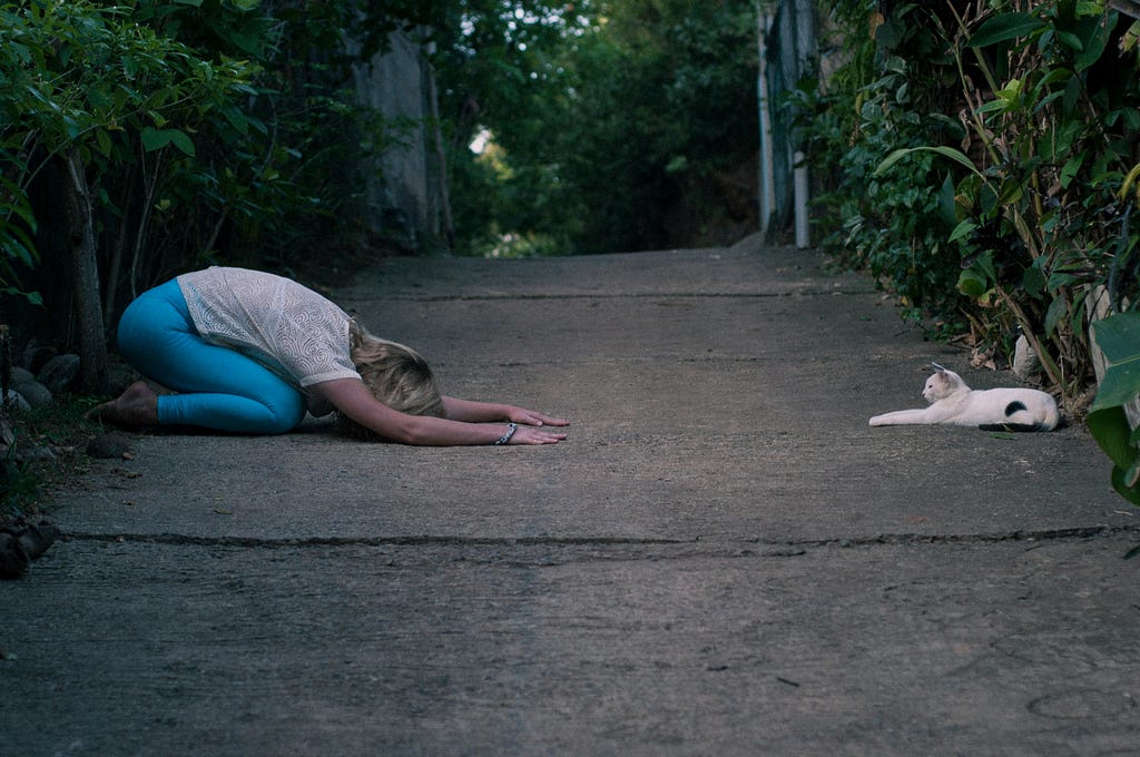 woman and cat doing yoga