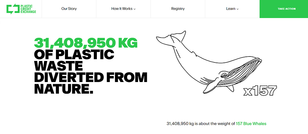 Screenshot of Plastic Credit Exchange website showing 31,408,950kg
of plastic waste diverted from nature.
