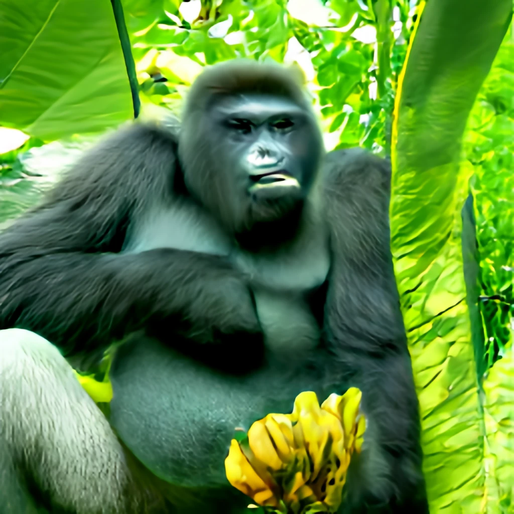A gorilla holding a bunch of banana in a jungle generated by craiyon.com from the prompt ‘banana gorilla jungle’