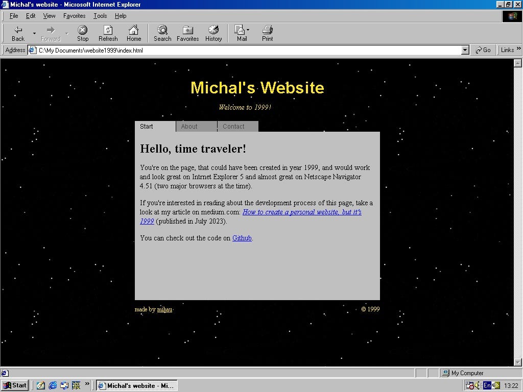 Screenshot of 1999 webpage with start tab open on Internet Explorer 5